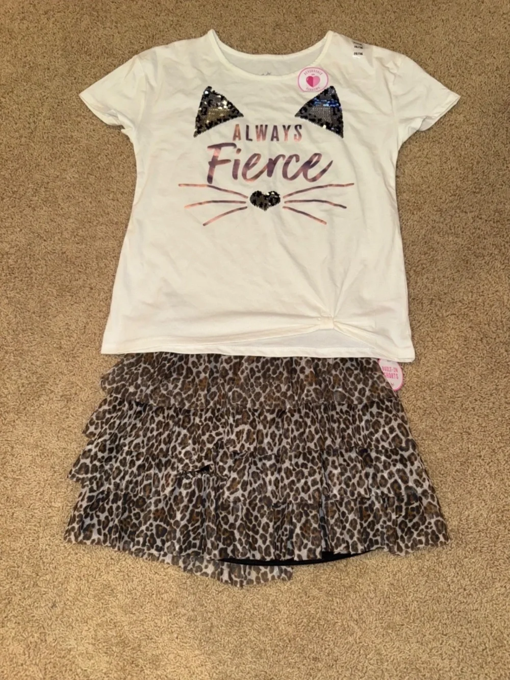 Justice Always Fierce Cat Tee & Leopard Skort NWT Outfit Set